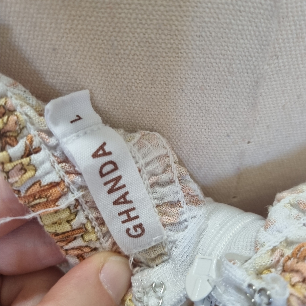 Ghanda Romeo Multicolour Floral Linen Blend Bow Detail Midi Dress Size L - Picture 8 of 10
